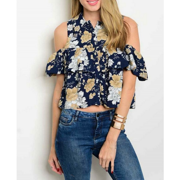 Navy White Brown Floral Top {Cals} - Picture 2 of 3